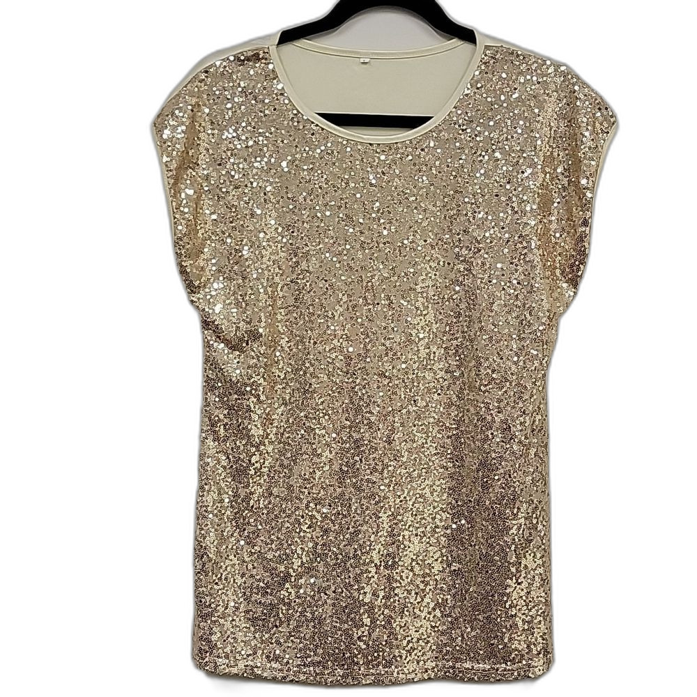 Lecco Fancy Party Sparkling Sequins Blouse Gold Size L